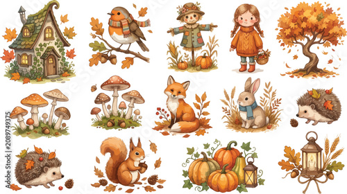 A collection of cute watercolor autumn elements featuring forest animals woodland creatures mushrooms pumpkins a scarecrow and a cozy house on white background