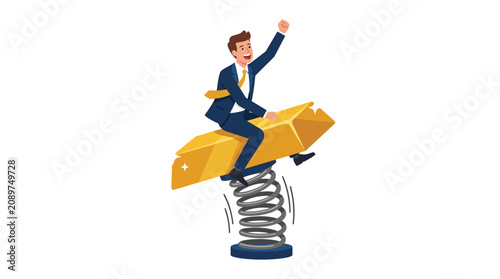 Professional businessman riding a shiny gold bar on a spring as a creative vector design illustration