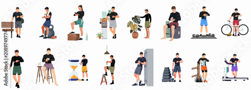 Flat vector illustrations of people using smartwatches and fitness trackers to monitor their workouts and daily activities in a minimalist style.