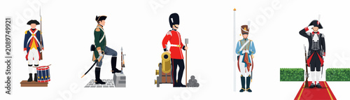 Obraz na plátně Collection of five historical military figures in detailed traditional uniforms including a British redcoat, an officer, and a drummer on a white background