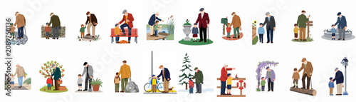 Принти на полотні Large collection of flat vector illustrations depicting various outdoor activities and heartwarming bonding moments between a grandfather and his young grandson