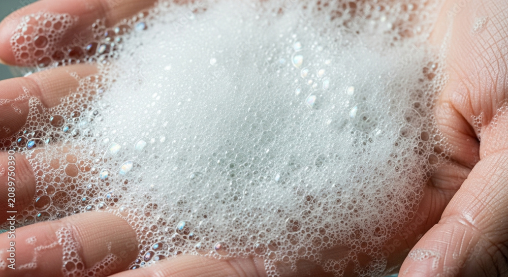 Fototapeta premium Close-up of lathering soap bubbles on a human hand, hygiene and cleanliness concept