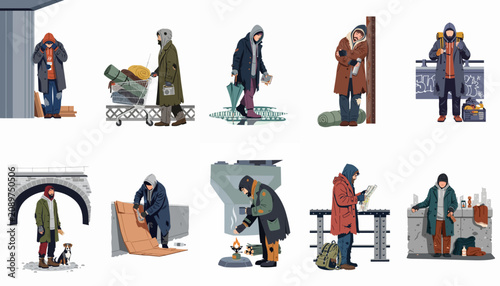 Foto A collection of illustrations depicting homeless men in various urban environments and situations, highlighting the struggles of poverty and street life