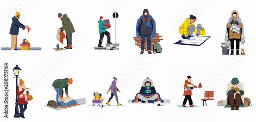 Set of vector illustrations depicting homeless people and volunteers providing food, warm clothes, and support during cold winter weather.