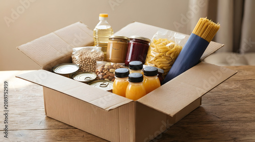 Food Donation Box: A cardboard box overflowing with assorted food items, including pasta, oil, jars, and beverages, signifying nourishment and community support.