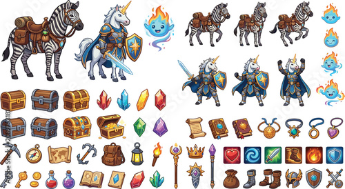 Obraz na płótnie Cartoon fantasy role playing game icons set with knight character mythical creat