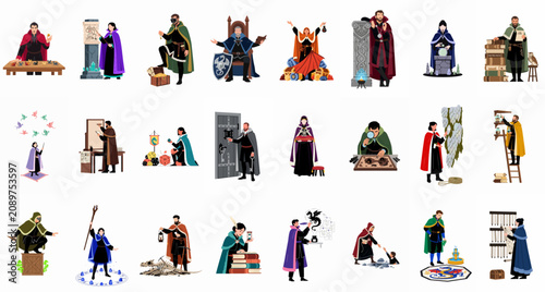 Fotografie Collection of Fantasy RPG Characters Wizards Warriors and Scribes in Various Sce