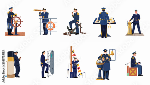 Fényképezés Collection of nautical illustrations featuring ship captains in various professional roles, such as navigating, steering, and commanding on deck in formal uniforms