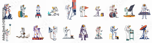 Foto A comprehensive set of flat vector illustrations featuring astronauts in spacesuits performing various tasks and experiments for space exploration and colonization on a white background