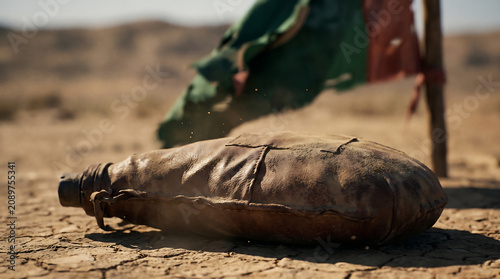 Vintage Leather Water Flask on Arid Desert Terrain
