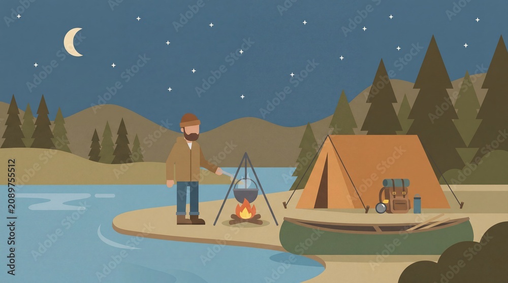 Fototapeta premium Man camping by the river cooking over a fire with tent and canoe at night