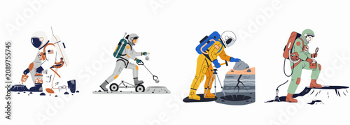 Konstfotografi Set of four astronaut illustrations conducting scientific research and geological surveys on a planetary surface for space exploration concepts