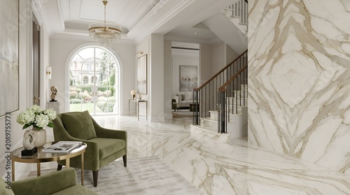Elegant Hallway With Marble Staircase and Green Armchairs