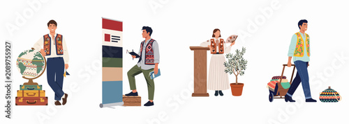 Diverse people wearing ethnic embroidered vests and holding travel-related objects like a globe, luggage, and notebooks, illustrating cultural heritage and journeys.