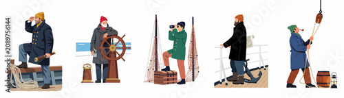 Bilde på lerret Vector illustration collection of sea captains and sailors engaged in maritime activities on a ship's deck, featuring nautical tools and vintage seafaring outfits
