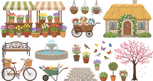 Photos Cute rural village flower shop asset bundle featuring traditional stone cottage