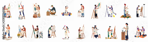 Illustration set of diverse male and female artists painting on canvases with various tools like easels, palettes, and brushes in their studios.