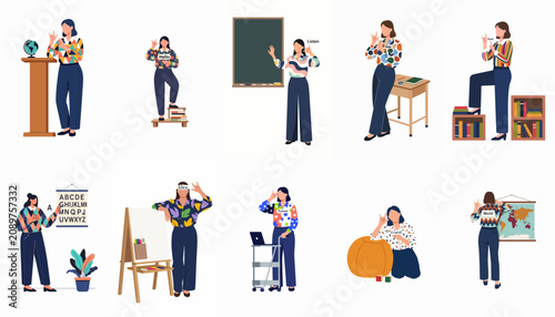 Set of flat vector illustrations featuring a female teacher using sign language in various classroom environments to promote inclusive education and deaf accessibility.