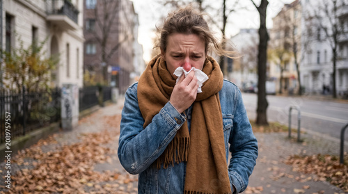 Young woman blowing nose on cold autumn day  suffering from flu  allergy  or common cold illness outdoors