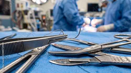 Surgical Tools on Blue Drape with Surgeons in Background