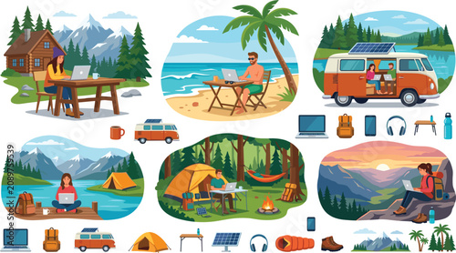 Bild auf Leinwand Remote working and outdoor travel lifestyle asset bundle with people using lapto
