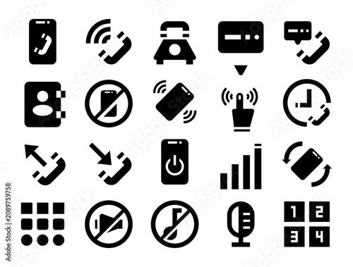 Tableau sur toile A set of 20 solid phone icons featuring essential communication, call, contact, NFC, and mobile interface elements for modern digital projects