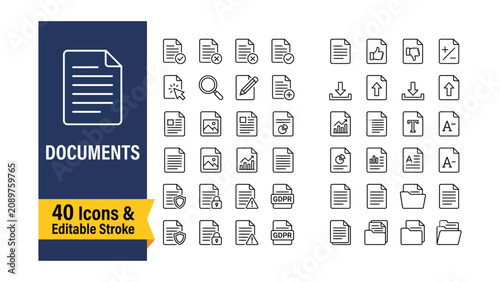 Document web icons in line style. Clipboard, certificate, accept, approved, invoice, archive, collection. Editable stroke. Vector illustration.
