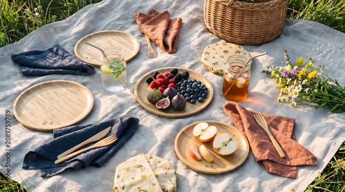 Idyllic Outdoor Picnic Setup with Fresh Fruit and Refreshing Drinks