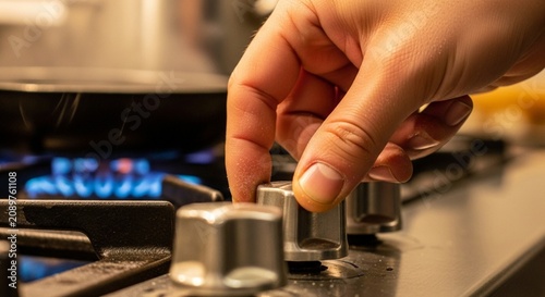 Hand adjusting gas stove knob with blue flames, cooking at home