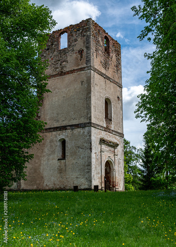 фотографія Sunny landscape with old stone church ruins, The church was a brick building with a rectangular chancel and a protruding tower with a baroque spire