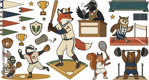 Schilderij op canvas Vintage sports mascot vector element set with fox baseball batter badger pitcher
