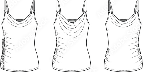 Obraz na płótnie Women's Cowl Neck Cami Top Technical Fashion Flat Sketch Vector Set with Ruched