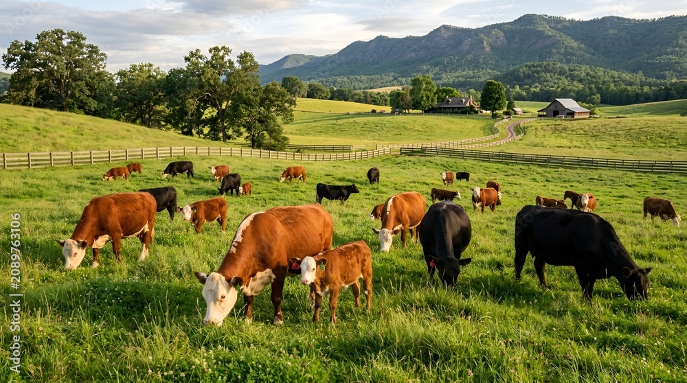 Naklejka premium Cattle grazing in verdant pasture with rolling hills and distant farmhouse