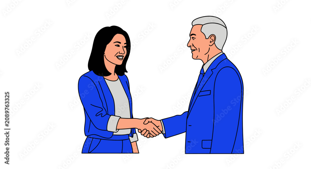 Fototapeta premium Business handshake between diverse professionals in blue suits. Flat vector illustration of corporate partnership and agreement.