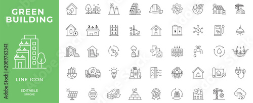 Green building line icon set with editable stroke. Collection of green building, eco friendly, sustainability, environment, energy efficiency, and architecture icons vector icon collection