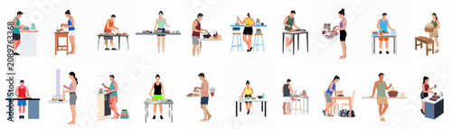 Flat vector illustration set of people preparing healthy meals and packing food containers for fitness and nutrition planning.