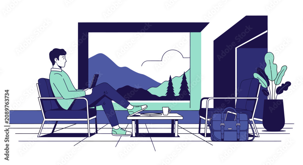 Fototapeta premium Man Using Tablet in Modern Lounge with Mountain View Vector Illustration
