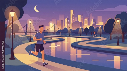 Man jogging in city park at dusk with skyline view for fitness and healthy lifestyle
