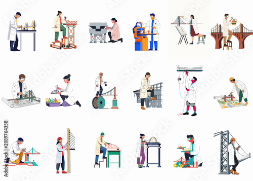 Set of flat vector illustrations featuring diverse engineers and scientists designing, building, and testing various scale models of bridges in a lab setting.