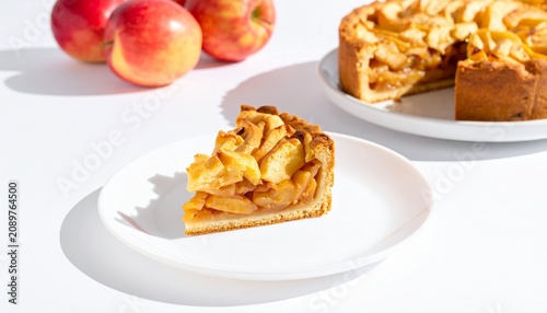   
Slice of golden apple pie on white plate with caramelized apple filling, bright lighting and warm tones emphasizing homemade dessert, freshness, and cozy baking aesthetic.
