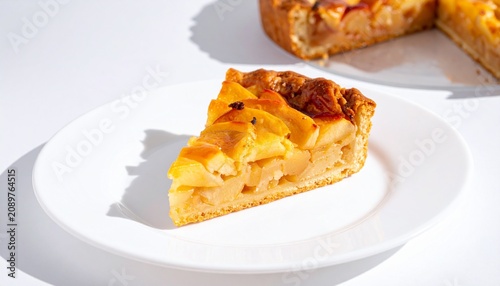   
Slice of golden apple pie on white plate with caramelized apple filling, bright lighting and warm tones emphasizing homemade dessert, freshness, and cozy baking aesthetic.
