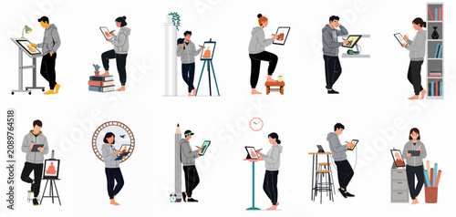 A collection of various digital artist characters and illustrators drawing on tablets and creative equipment in flat vector style.
