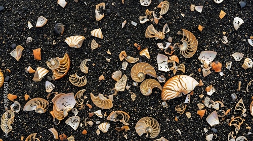 Abstract pattern of broken seashell fragments on dark volcanic sand beach