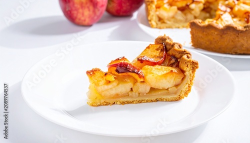   
Slice of golden apple pie on white plate with caramelized apple filling, bright lighting and warm tones emphasizing homemade dessert, freshness, and cozy baking aesthetic.