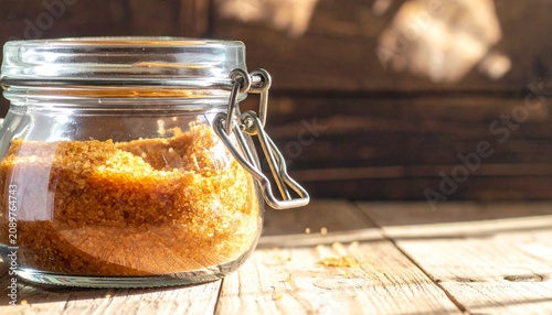 Glass jar of coarse brown sugar on rustic wooden surface, open lid with spilled crystals, warm natural lighting emphasizing texture, sweetness, and cozy kitchen aesthetic.