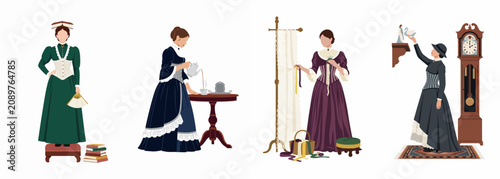 Flat vector illustrations of Victorian women in elegant period costumes performing daily activities like tea time, sewing, and reading.