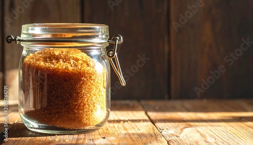 Glass jar of coarse brown sugar on rustic wooden surface, open lid with spilled crystals, warm natural lighting emphasizing texture, sweetness, and cozy kitchen aesthetic.