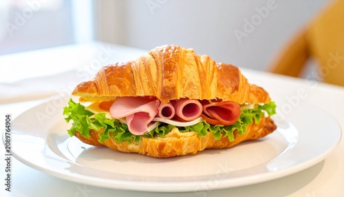 Golden croissant sandwich with ham, lettuce, and cheese on white plate, flaky texture and fresh ingredients highlighted by soft lighting in clean, modern dining setting.