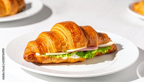 Golden croissant sandwich with ham, lettuce, and cheese on white plate, flaky texture and fresh ingredients highlighted by soft lighting in clean, modern dining setting.