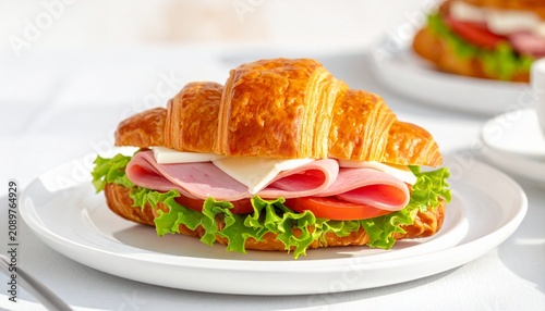 Golden croissant sandwich with ham, lettuce, and cheese on white plate, flaky texture and fresh ingredients highlighted by soft lighting in clean, modern dining setting.
